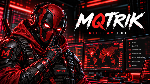 MQTRIK red team bot banner showing a red armored cybernetic operator